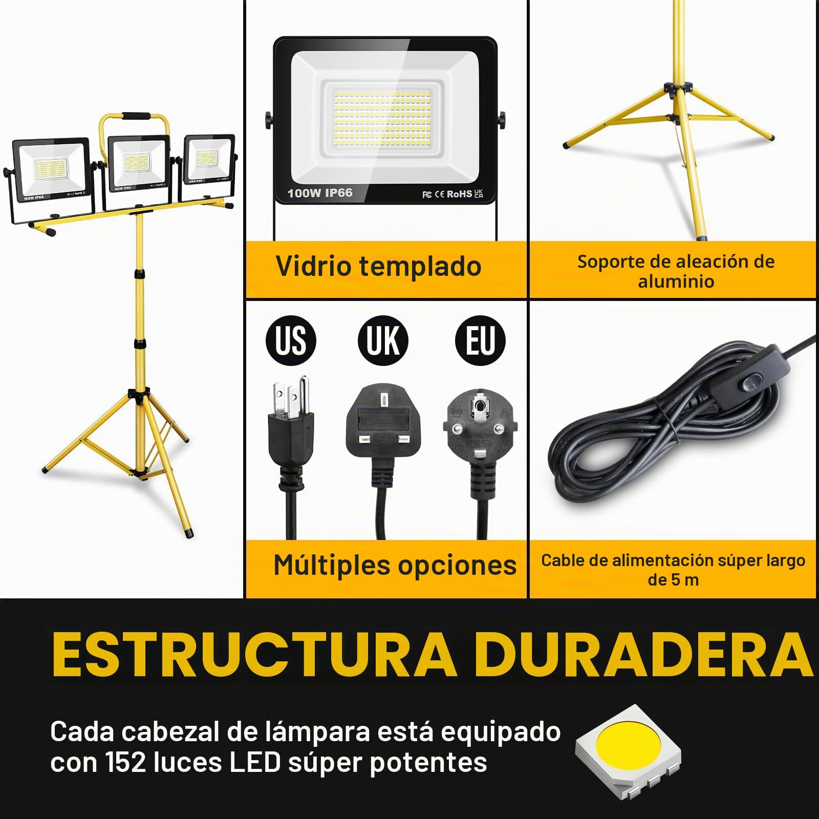 Willpower Focos LED Trabajo Portátil 300W, Proyector LED con Trípode Telescópico 30000LM Foco de Construcción IP66 para Obras Fiestas Jardín Garaje Interior Exterior, 3M Cable con Enchufe, 6000K