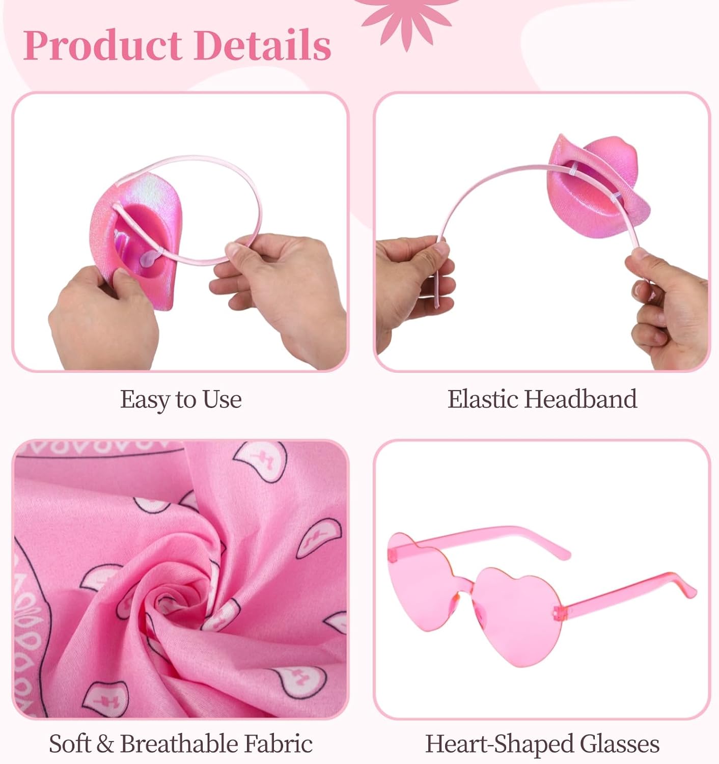 3 Sets Pink Cowboy Hat Headband, Mini Cowboy Hats, Headbands Heart Glasses and Bandana Costume Kit, Glitter Western Cowboy Headpiece for Women Men, Pink Cowgirl Party Accessories