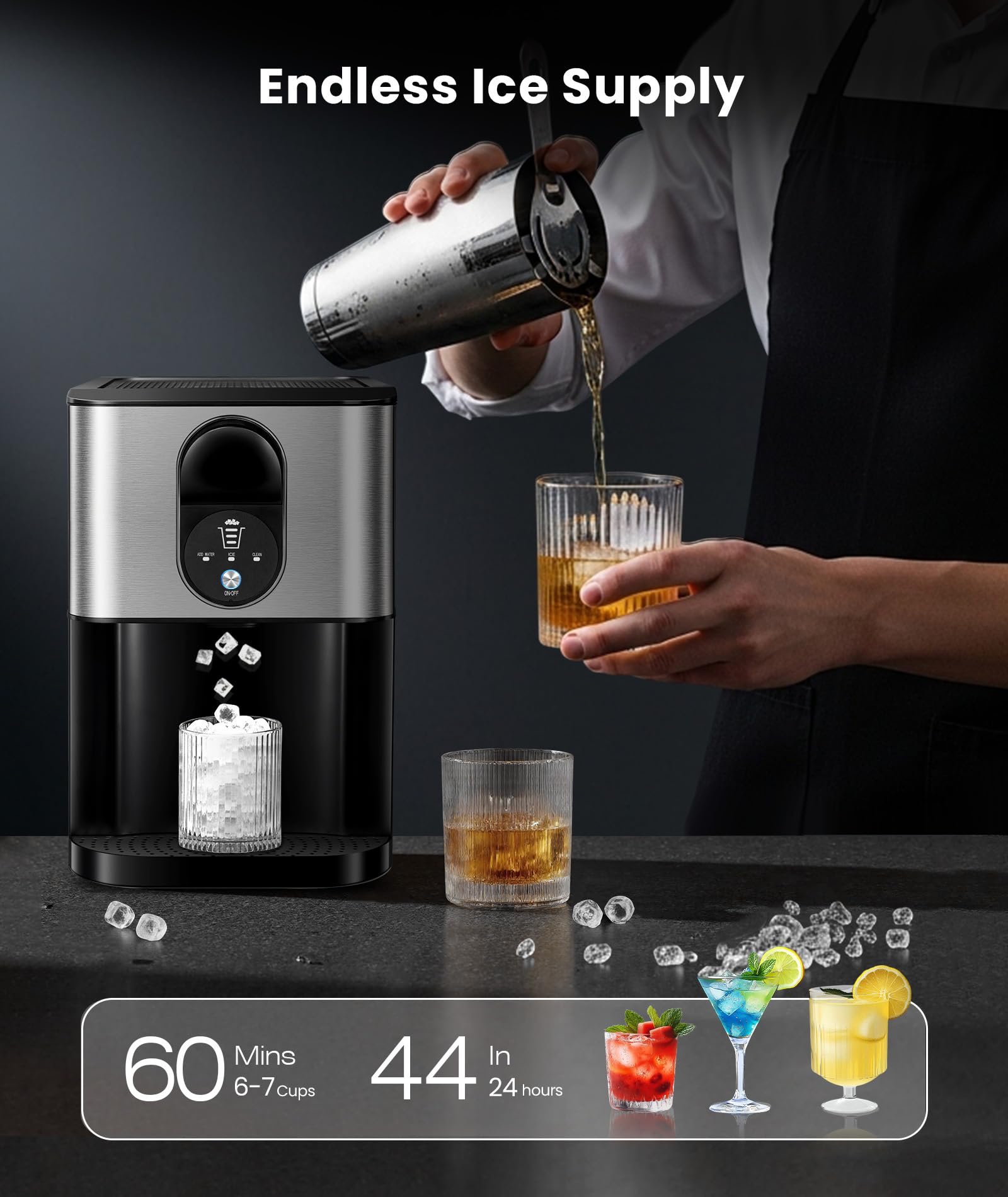 Cowsar Countertop Nugget Ice Maker, 44lbs/24H Soft Pellet Ice Machine with Dispenser, 2.4L Removable Water Tank, One-Click Operation with Self-Cleaning, ldeal for Home, Kitchen, Office, Silver on Fridge.com