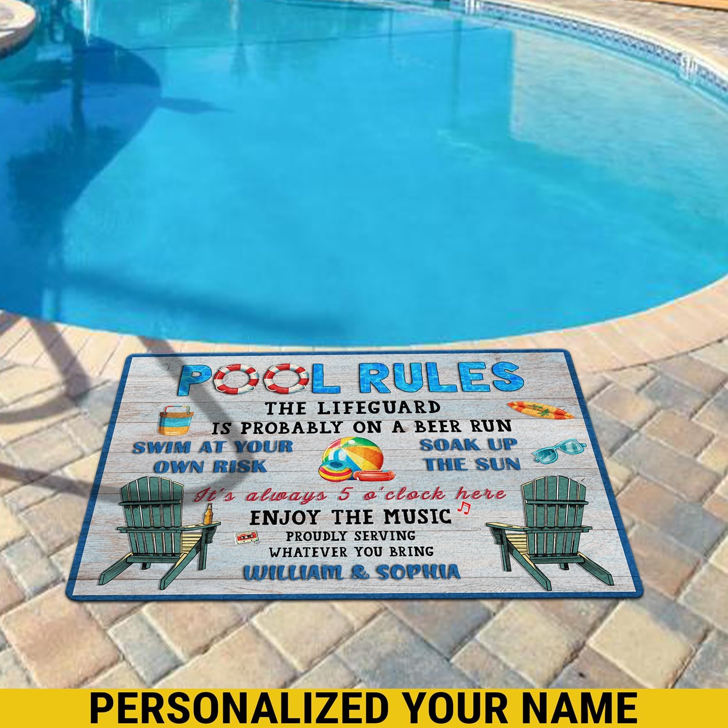THUYPT Personalized Pool Doormat, Pool Rug with Pool Rules Pattern, Poolside Decorations Pool Accessories, Pool Patio Decor Summer Themed Outdoor/Indoor (05)