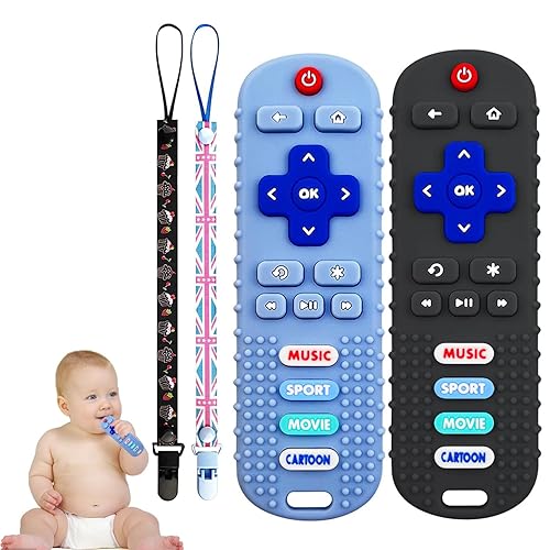 Miniatura 9 de Juego de juguetes masticables para bebés de 0 a 6 meses, sin BPA, con forma de control remoto suave, juguetes de dentición para bebés, regalo (azul)