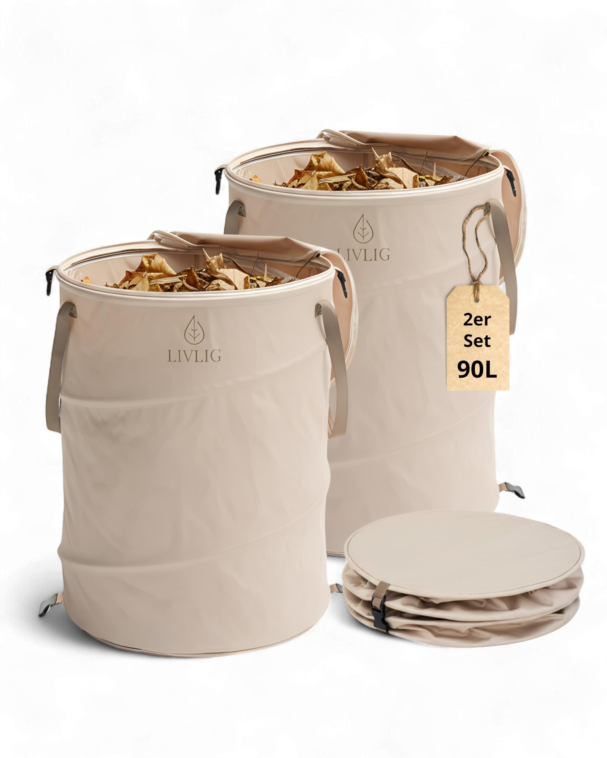 Sac de jardin LIVLIG Pop Up 90L, Sac à déchets de jardin pliable avec couvercle et double fond, Sac à feuilles stable avec couvercle, Sac à feuilles et sac à déchets de jardin Beige, 2 pièces