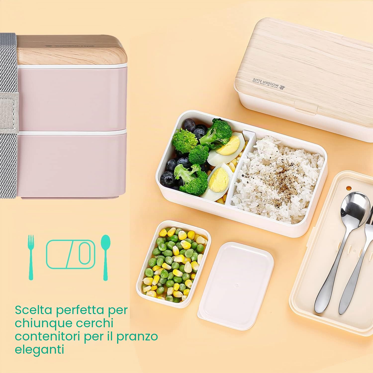 Binoster Lunchbox portapranzo Scatole bento box contenitore originale divisore bundle stile giapponese con cucchiaio e forchetta in acciaio inox(Rosa)