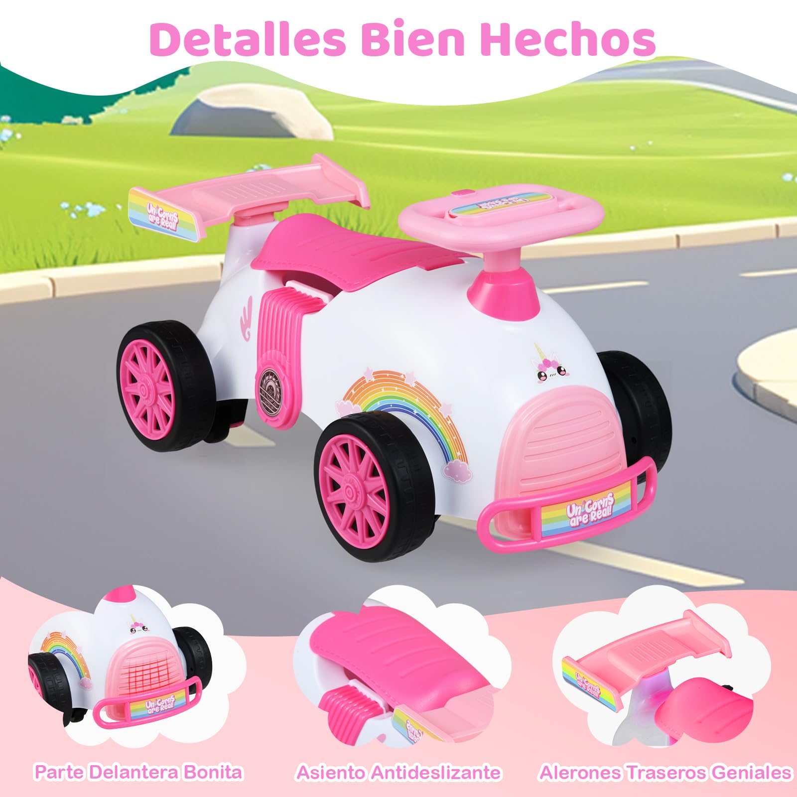 COSTWAY Coche de Correpasillos para Niños, Coche Deslizante de Pie a Suelo con Música y Almacenaje Bajo Asiento, Cochecito Infantil con Ruedas Universales para Niños de 19 a 36 Meses (Unicornio)