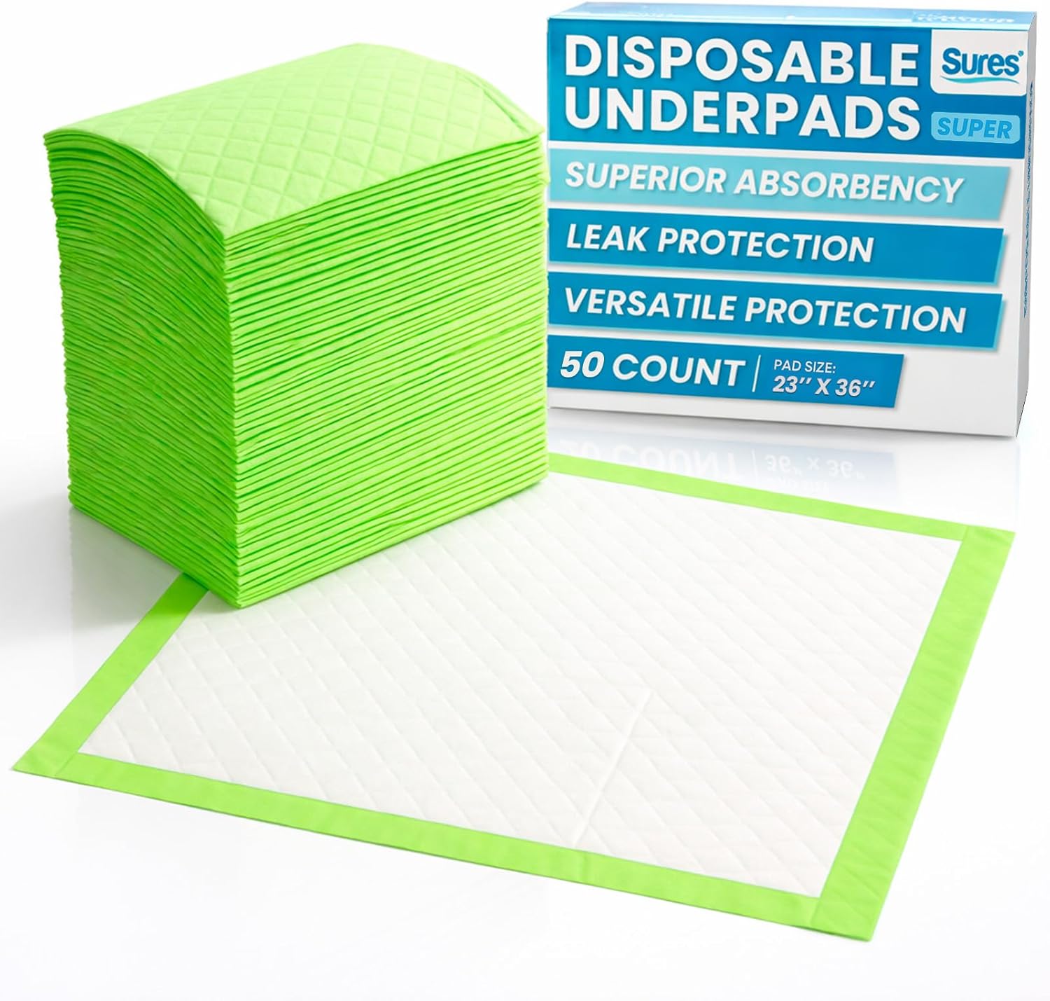 Sures Incontinence Bed Pads - Disposable Bed Pads Adult, Kids & Pets - Chux Underpads for Baby Changing - Absorbent Chucks Pad for Bed, Floor, Couch & Car - Medium Absorbency (23'' x 36" 50 Count)