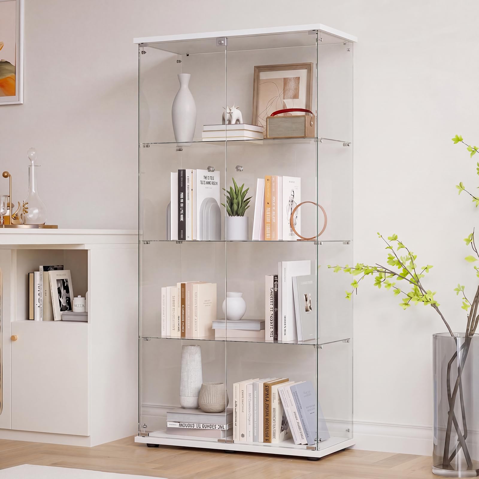 DADEA Vitrina Cristal 4 Estantes y 2 Puerta, Vitrina con Cerradura, 36,5 x 80,5 x 164cm, Columna Expositora Vidrio MuebleVitrina Expositora Armario Vidrio VitrinaExpositora AltaVitrina Suelo, Blanco