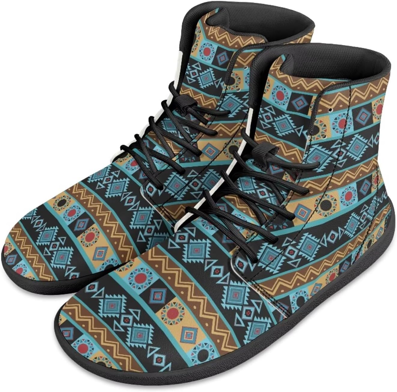Jeiento Mandala Style Barefoot Shoes Mens Minimalist Barefoot Running Shoes Wide Toe Box Boots Pu Leather Shoes Non-Slip Lace Up Sneaker