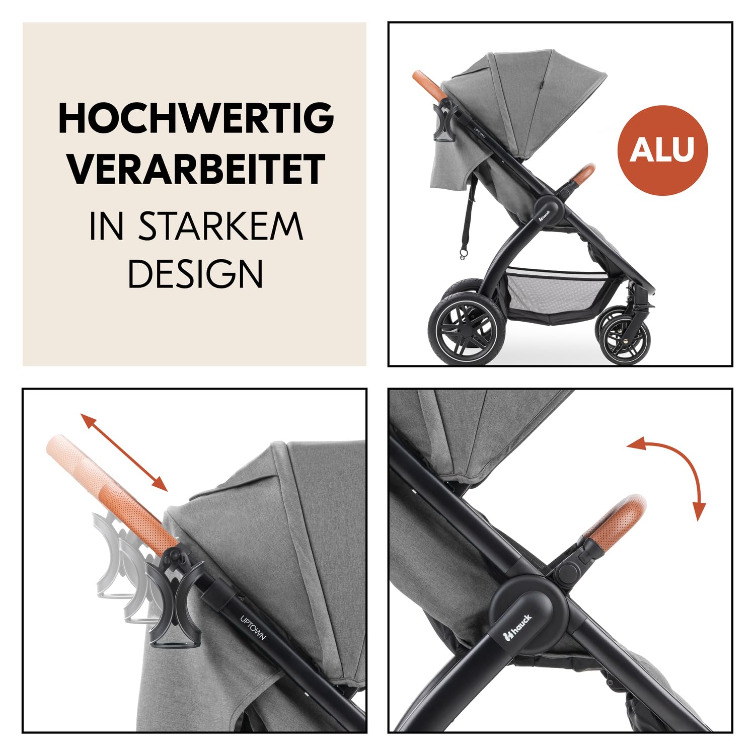 hauck Uptown, Melange Grey - Kinderbuggy mit Liegeposition ab Geburt, Breiter Sitz bis 22 kg, Getränkehalter, Gummiräder, Federung, UV Schutz 50+, Faltbar, Höhenverstellbar, Großer Korb