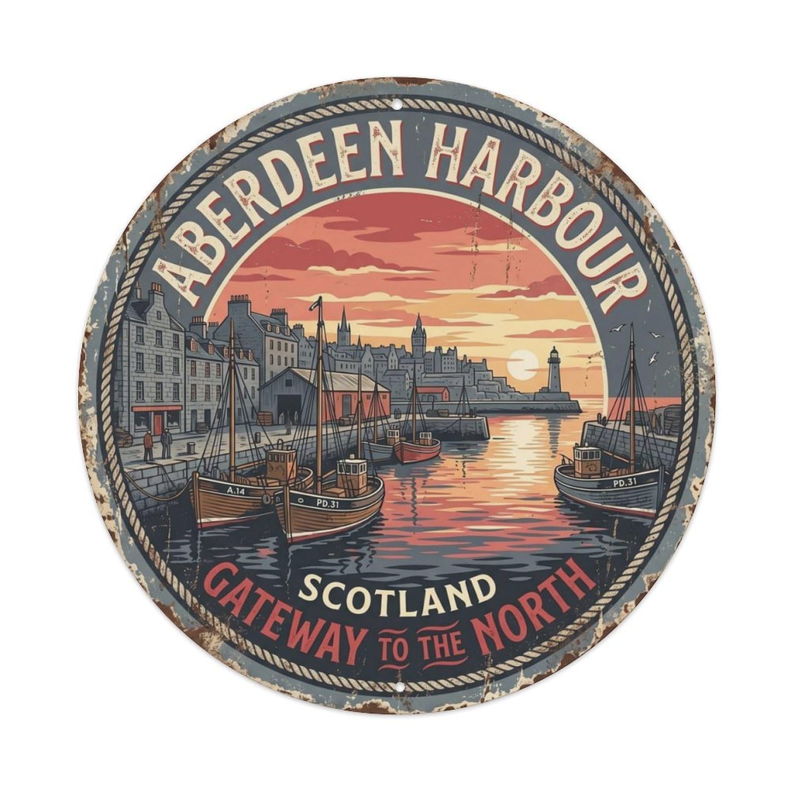 Fqcyn Style Vintage Travel Aberdeen Harbour Scotland Metal Tin Sign Plaque Wall Decor For Cafe, Club Bar, Office, Home Garden Round Metal Poster 8X8inch