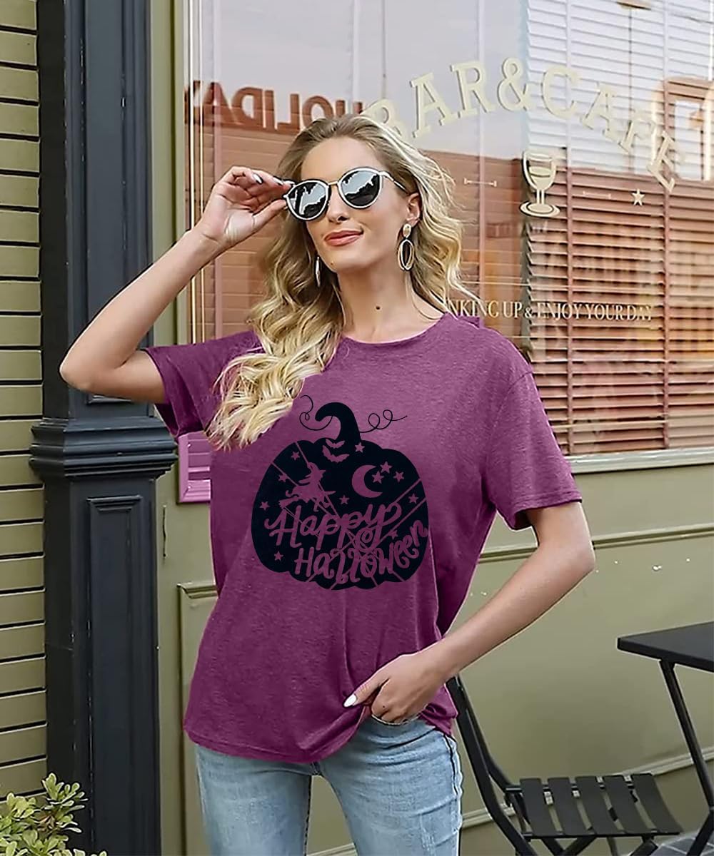 Women's Pumpkin Graphic Shirt Cute Happy Halloween Letter Print Tee Novelty Athletic Short Sleeve Tops - Image 5