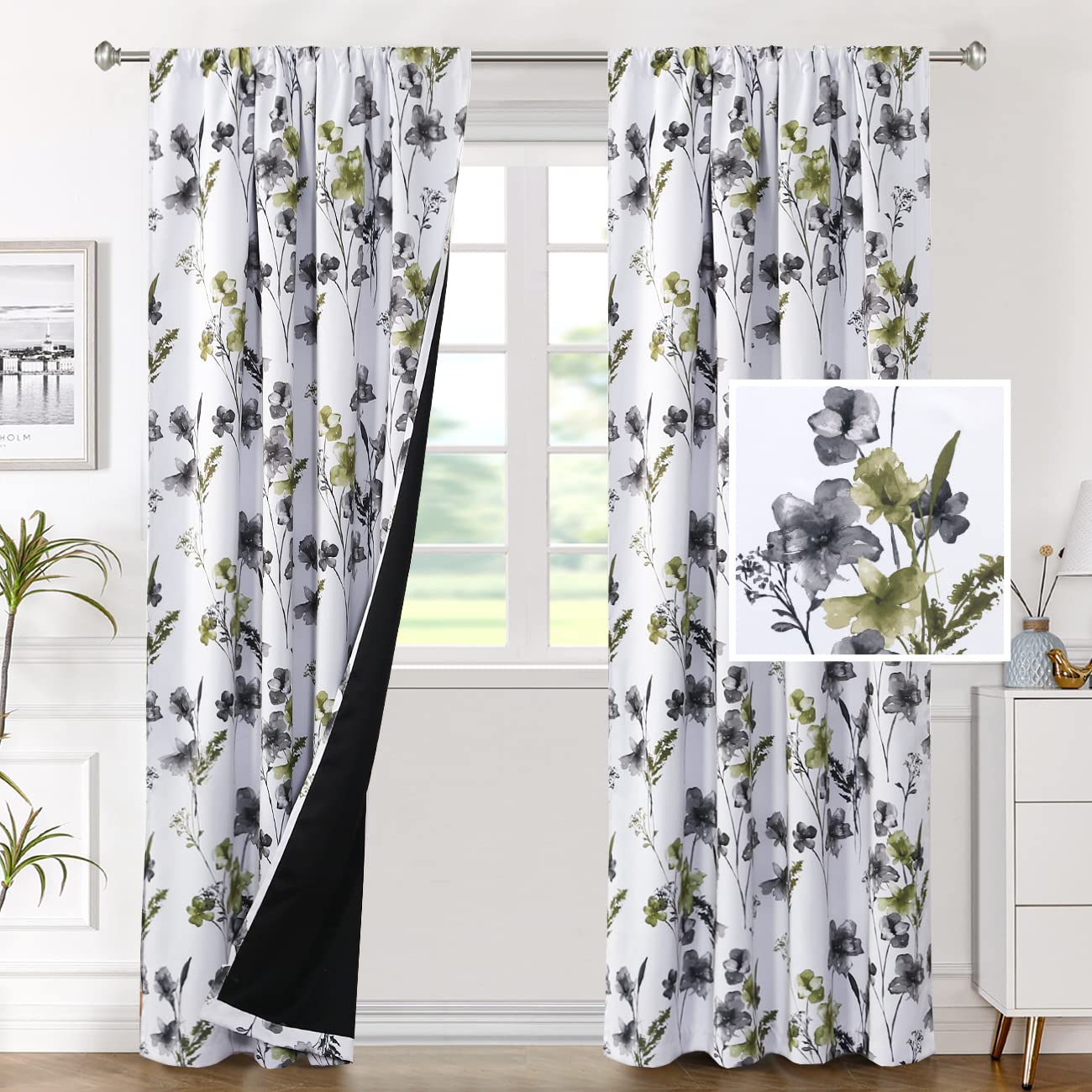 H.VERSAILTEX 100% Blackout Curtains for Bedroom Cattleya Floral Printed Drapes 84 Inches Long Leah Floral Pattern Full Light Blocking Drapes with