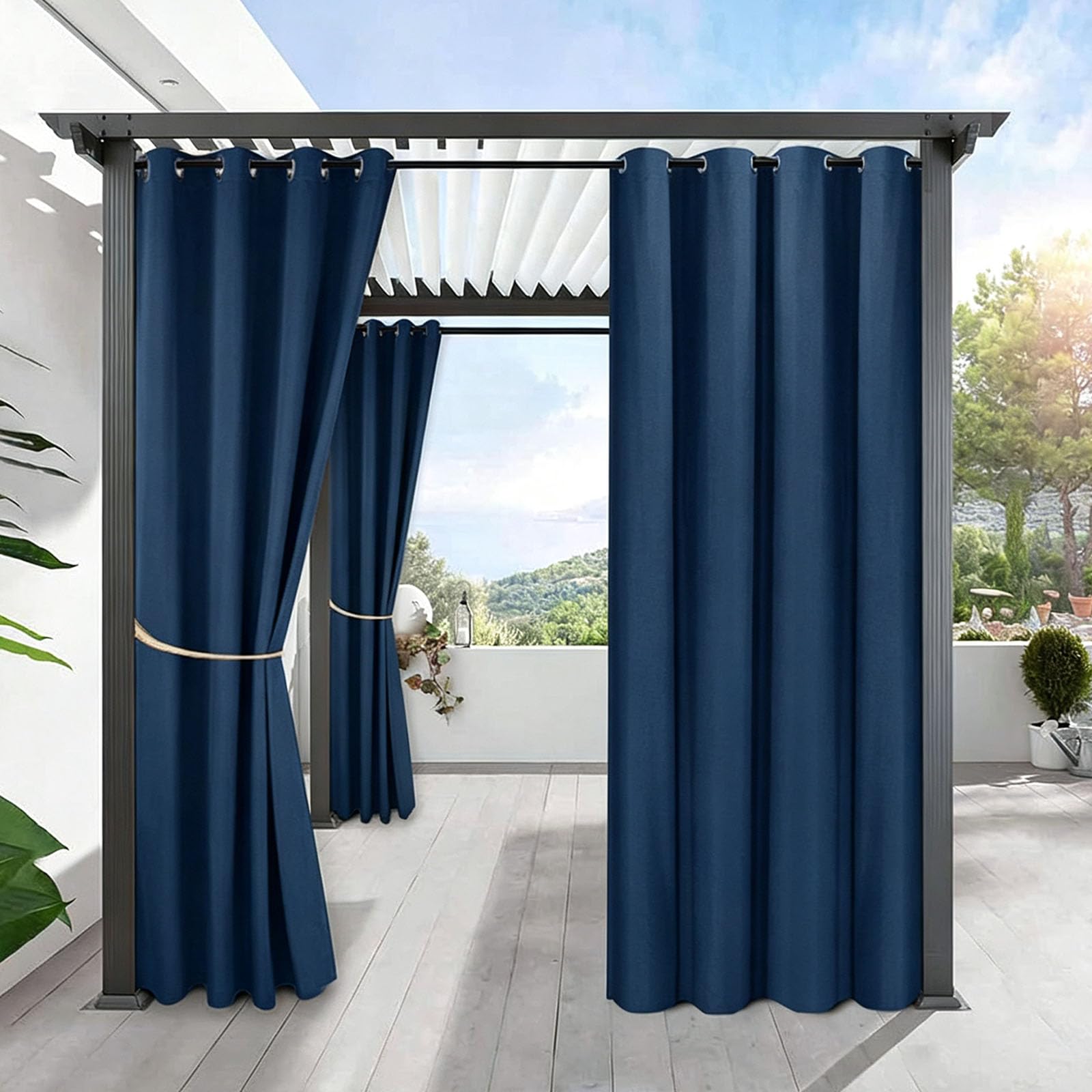 Outdoor Vorhang Wetterfest 130 x 226 cm Blickdichte Sonnenschutzgardine Wetterfest Sonnenschutz Sichtschutz Wasserdicht wasserdichte Vorhänge Outdoor für Garten Balkon, Marineblau