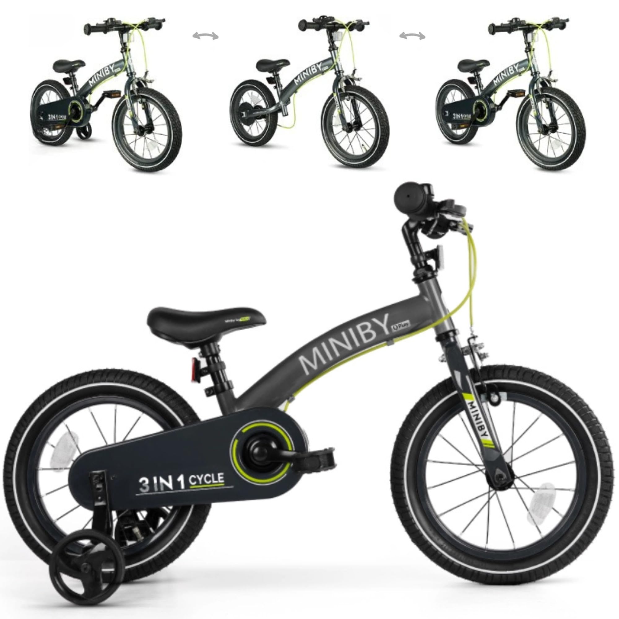 QPLAY Bicicleta Infantil Miniby 3 en 1, Modo Sin Pedales, con Ruedines y con Pedales, Ajustable, Ergonómica y Evolutiva Niños de 2,5 a 8 Años