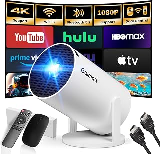 Gaimoo GM200 Mini Smart Projector: WiFi 6, Bluetooth 5.2, 4K/1080P Support, Auto Keystone, 180° Rotation, Built-in Apps