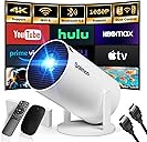 Mini Projector with WiFi and Bluetooth Built-in Apps Smart Projector Support 4K 1080P FHD 180° Adjustable Auto Keystone Compatibile with HDMI/TV Stick/Memory Stick/Laptop, White