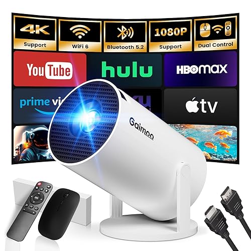 Mini Projector with WiFi and Bluetooth Built-in Apps Smart Projector Support 4K 1080P FHD 180° Adjustable Auto Keystone Compatibile with HDMI/TV Stick/Memory Stick/Laptop, White - White