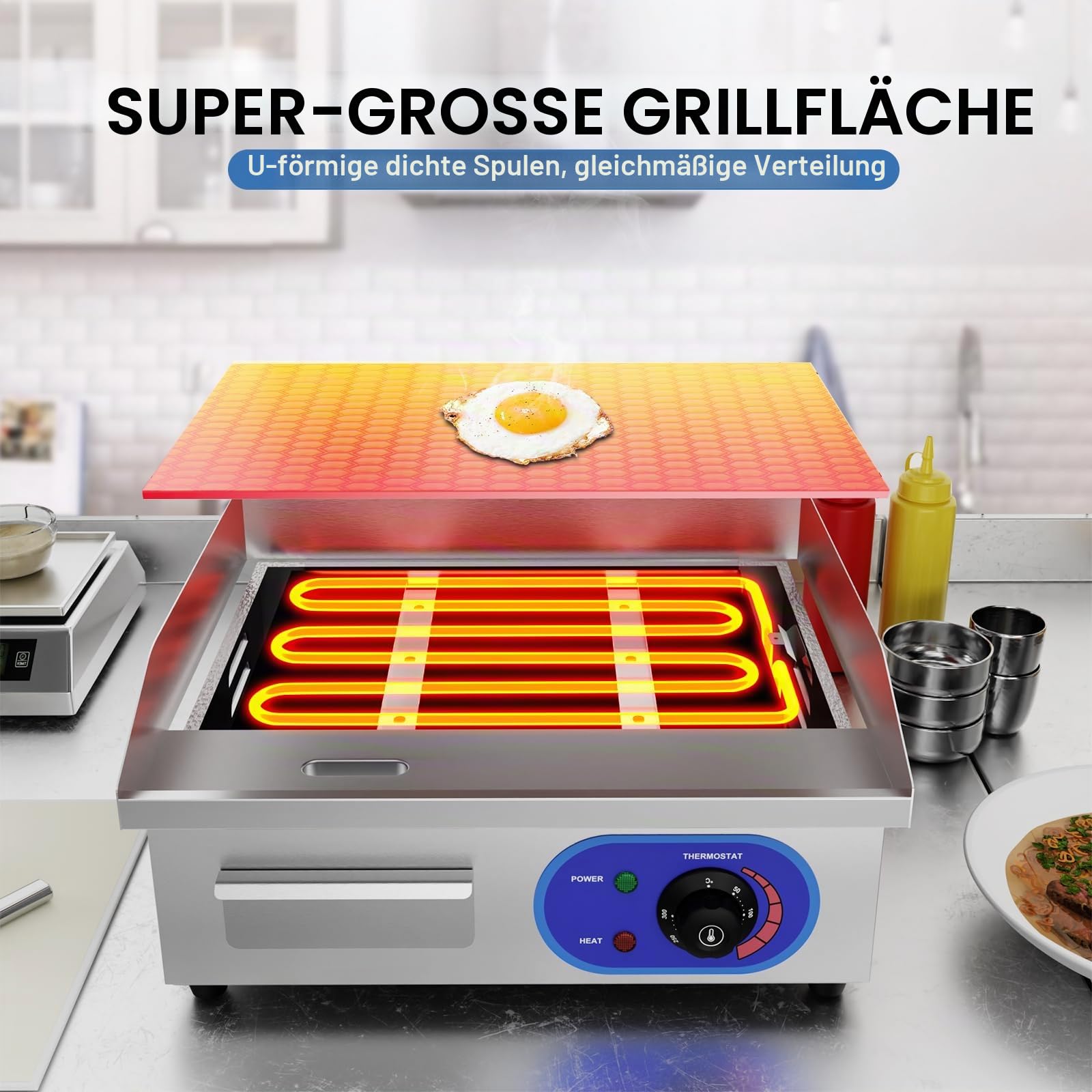 TAIMIKO Elektrische Plancha 220-240 V Edelstahl Grillplatte Thermostat 50-300 °C