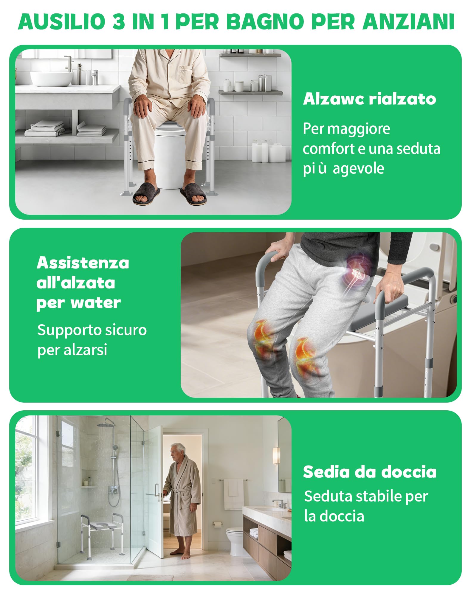 Rialzo per WC con braccioli, 15 cm, rialzo per WC, per anziani, sedile WC rialzato, 7 altezze regolabili, per adulti, fino a 150 kg