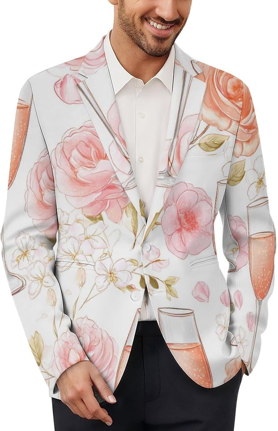 Rose Champagne Glasses Suits Blazer for Men Business Tuxedo Jacket Buttons Sport Coat