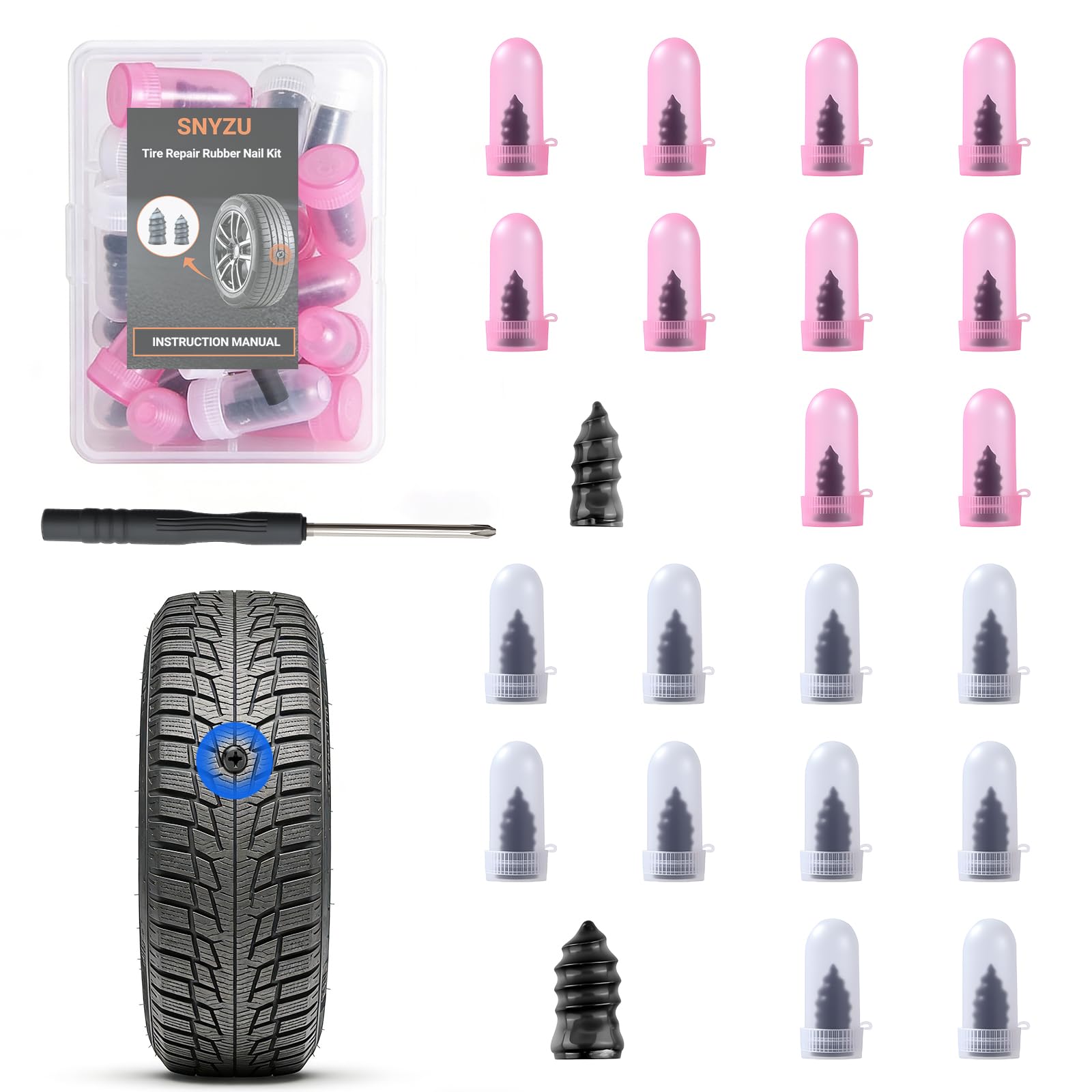 21 PCS Tire Repair Rubber Nail Kit, Premium Spiral Screw-in Tire Plugs with 2 Sizes, Emergency Roadside Flat Tire Fix Tool for Car Truck Motorcycle Tractor ATV SUV (20 PCS + 1PC Screwdriver)