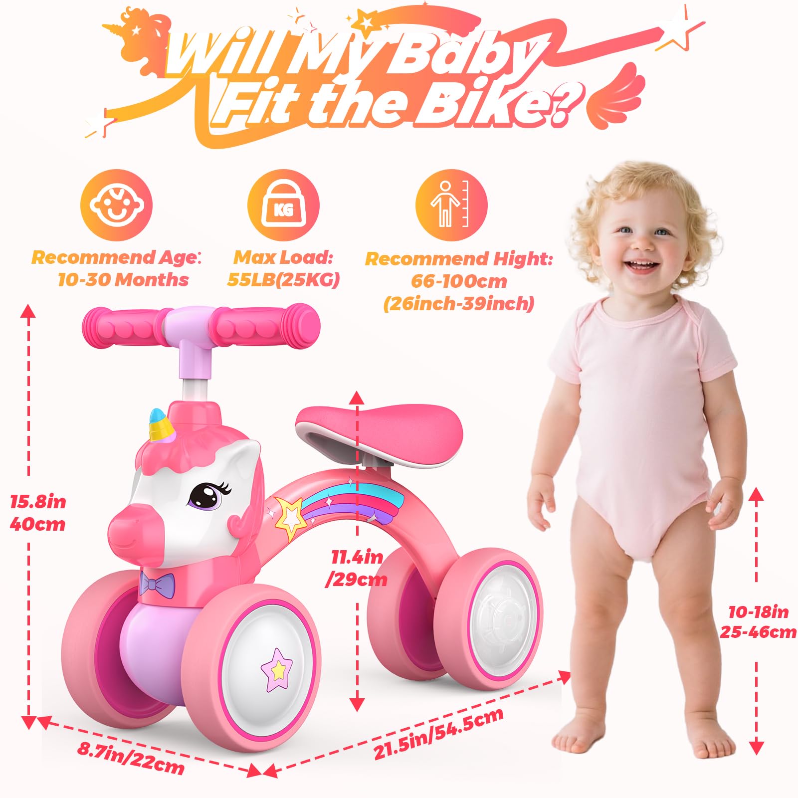 Correpasillos Unicornio de 4 Ruedas para Niños 1-2 Años con Luz LED Trasera, 25kg Capacidad, Regalo Ideal para Cumpleaños y Navidad, Juguete Seguro para Aprender a Equilibrarse (Rosa)