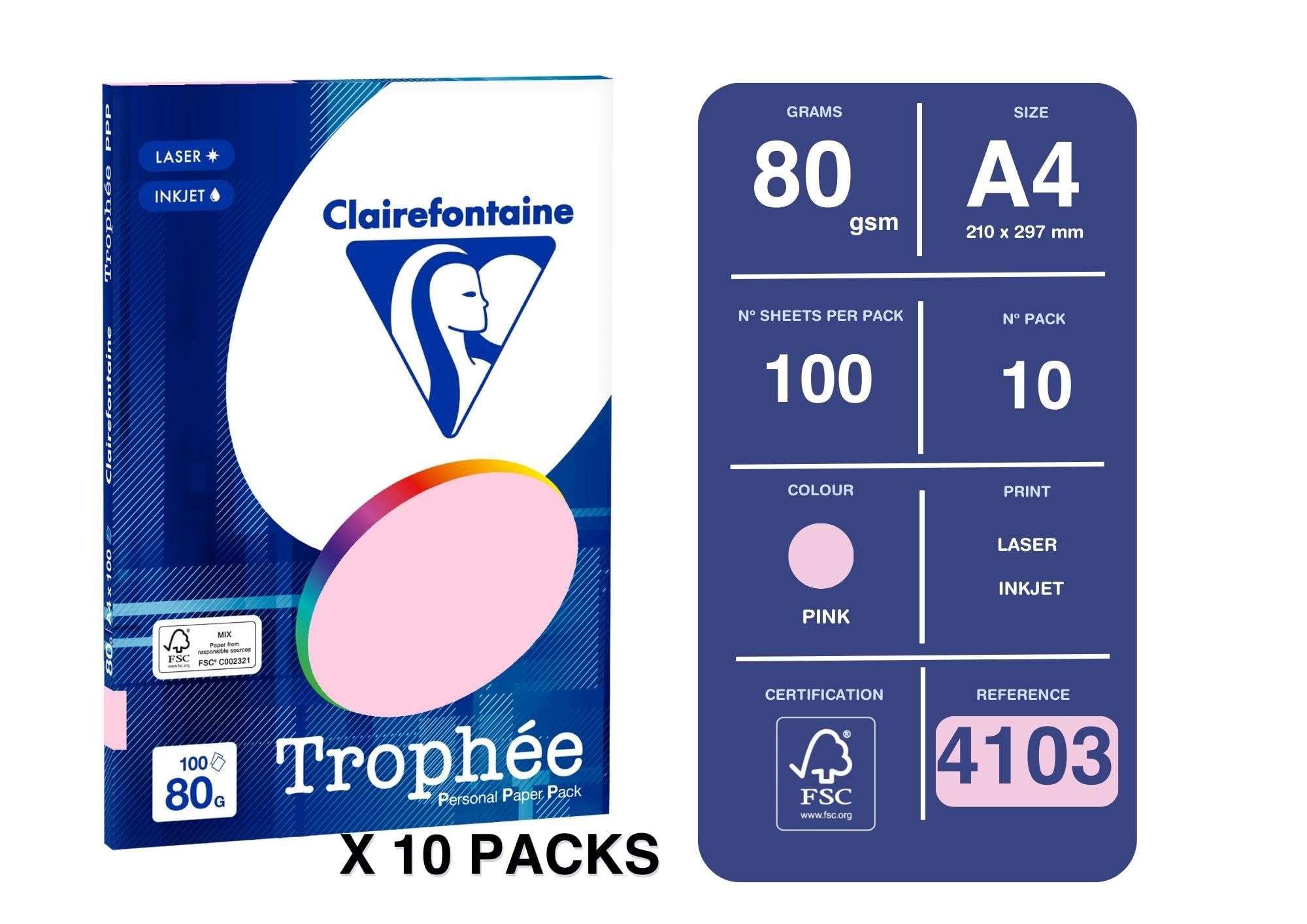 Clairefontaine 4103C - Karton mit 10 Packungen Druckerpapier / Kopierpapier Trophee PPP, intensive Farben, DIN A4, 80g, 100 Blatt x 10, Rosa, 1 Karton