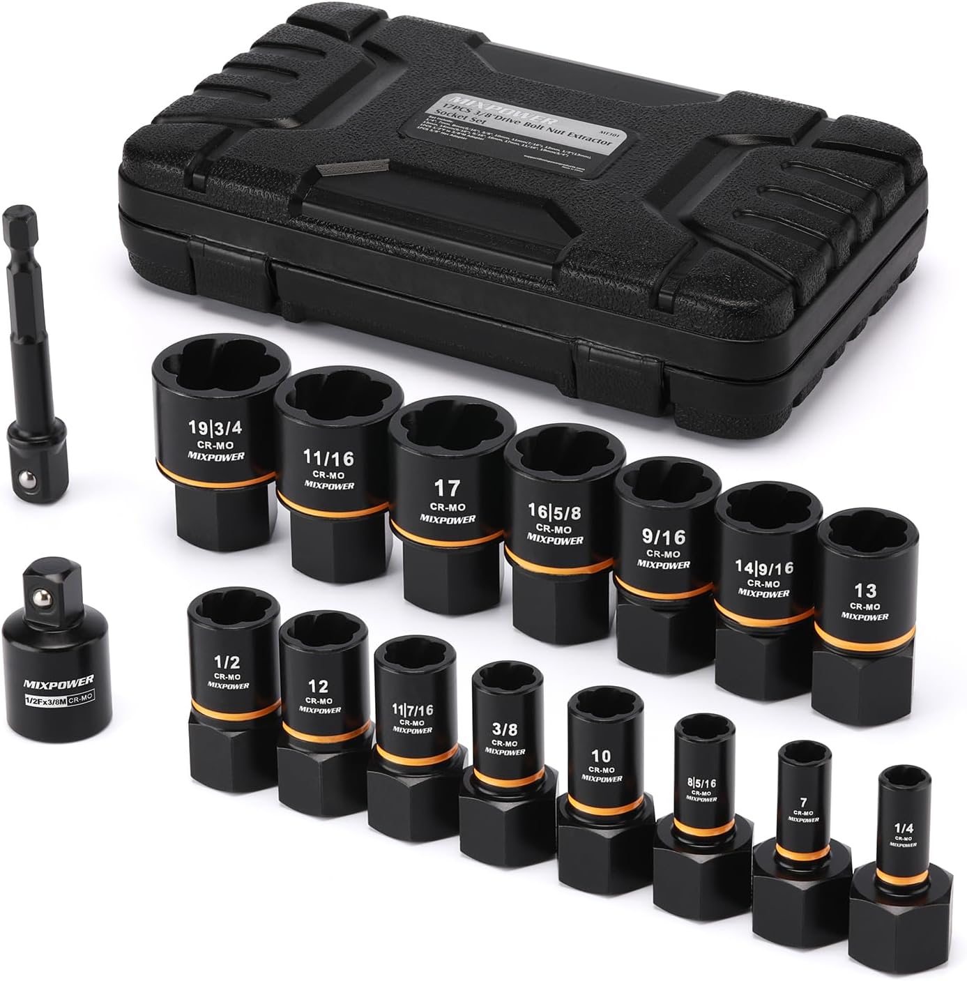 MIXPOWER 17 Pieces 3/8" Drive Bolt Biter Impact Extraction Socket Set,Stripped Bolt Remover Nut Extractor Socket Set for Damaged, Frozen, Rusted, Rounded-Off Bolts,CR-MO Steel