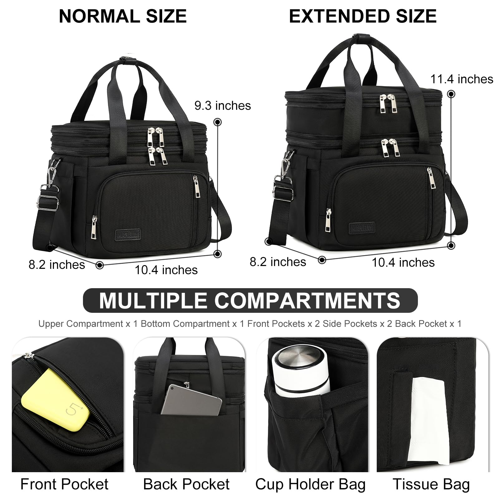 Lonchera para hombres y mujeres, bolsa de almuerzo aislada de doble cubierta, enfriador grande a prueba de fugas, bolsas de almuerzo de doble compartimento abierto con correa para el hombro, 5