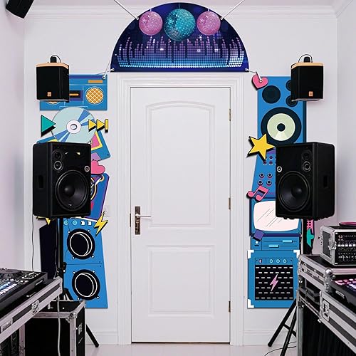 Miniatura 6 de Telón de fondo de discoteca para decoración de fiesta de cumpleaños, regreso a los años 80, 90, retro, para porche, radio, boombox, cabina de fotos,