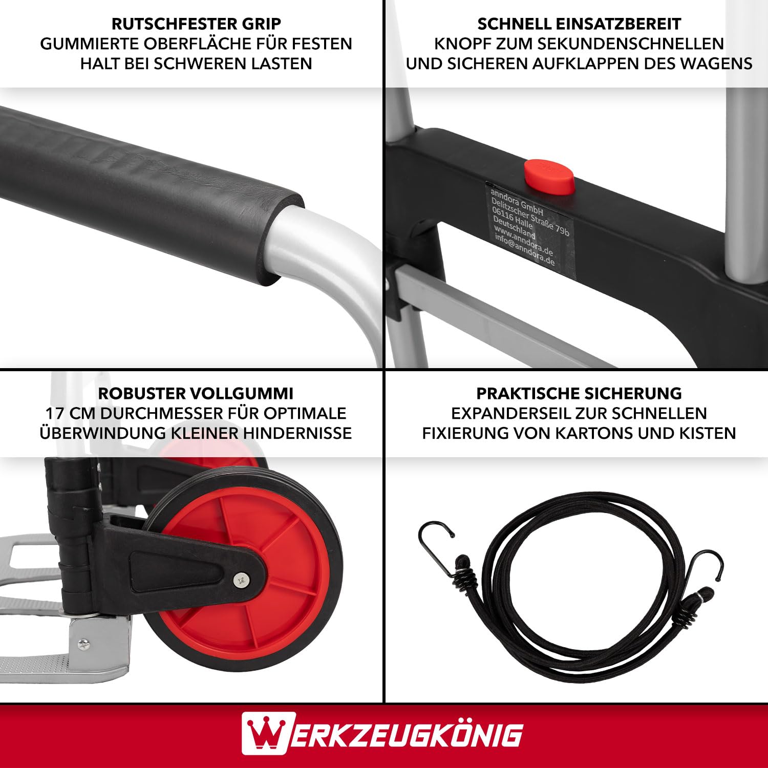 Aluminium Sackkarre klappbar 120 kg - Transportkarre ausziehbar mit Vollgummirädern inkl. Expanderseil, komplett montierte Klappkarre platzsparend, Paketkarre Handkarre Stapelkarre