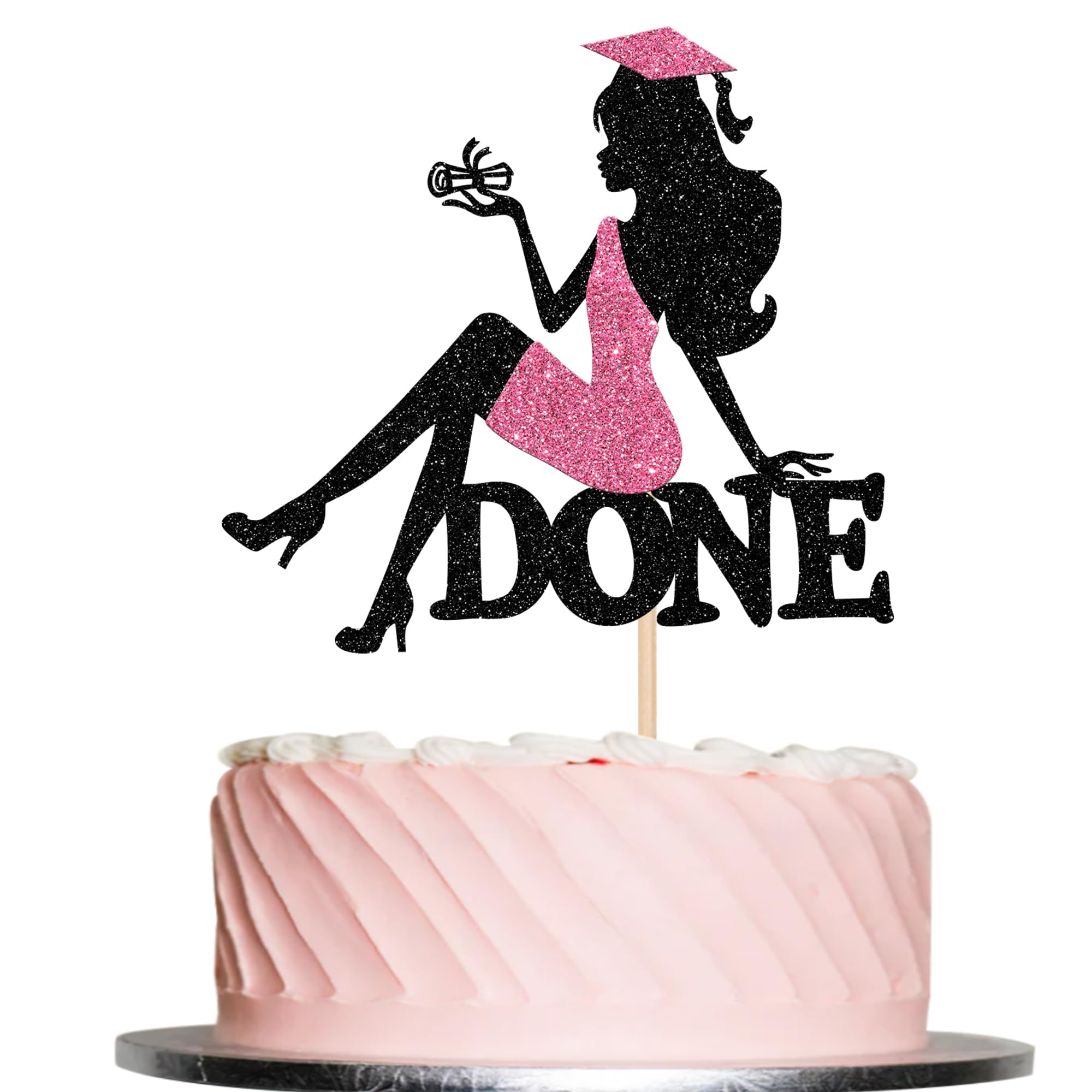 1 PCS High Heel Girl Graduation Cake Topper Glitter Done Diploma Congrats Grad Cap Cake Pick Class of 2025 Cake Decoration for 2025 Senior High School