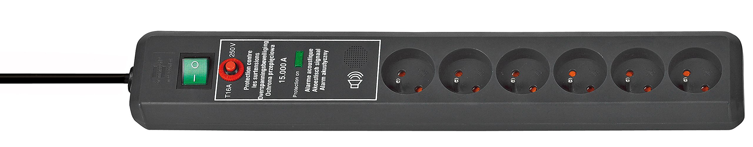 Brennenstuhl 1159541376 Secure-Tec Bloc de 6 Prises avec parasurtenseur 15000 A signal sonore Noir