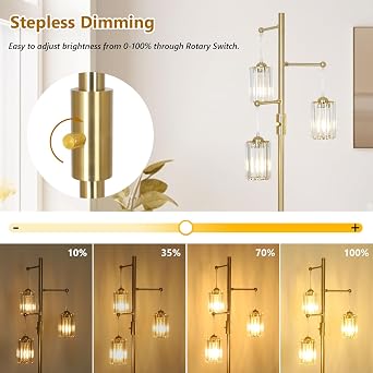 Rayofly Dimmable Floor Lamps for Living Room, 3-Lights Crystal Standing Lamps for Living Room, Gold Floor Lamp with Glass Lampshades, Modern Floor Lamp for Bedroom, Standard Tall Lamps for Office [Energy Class D]