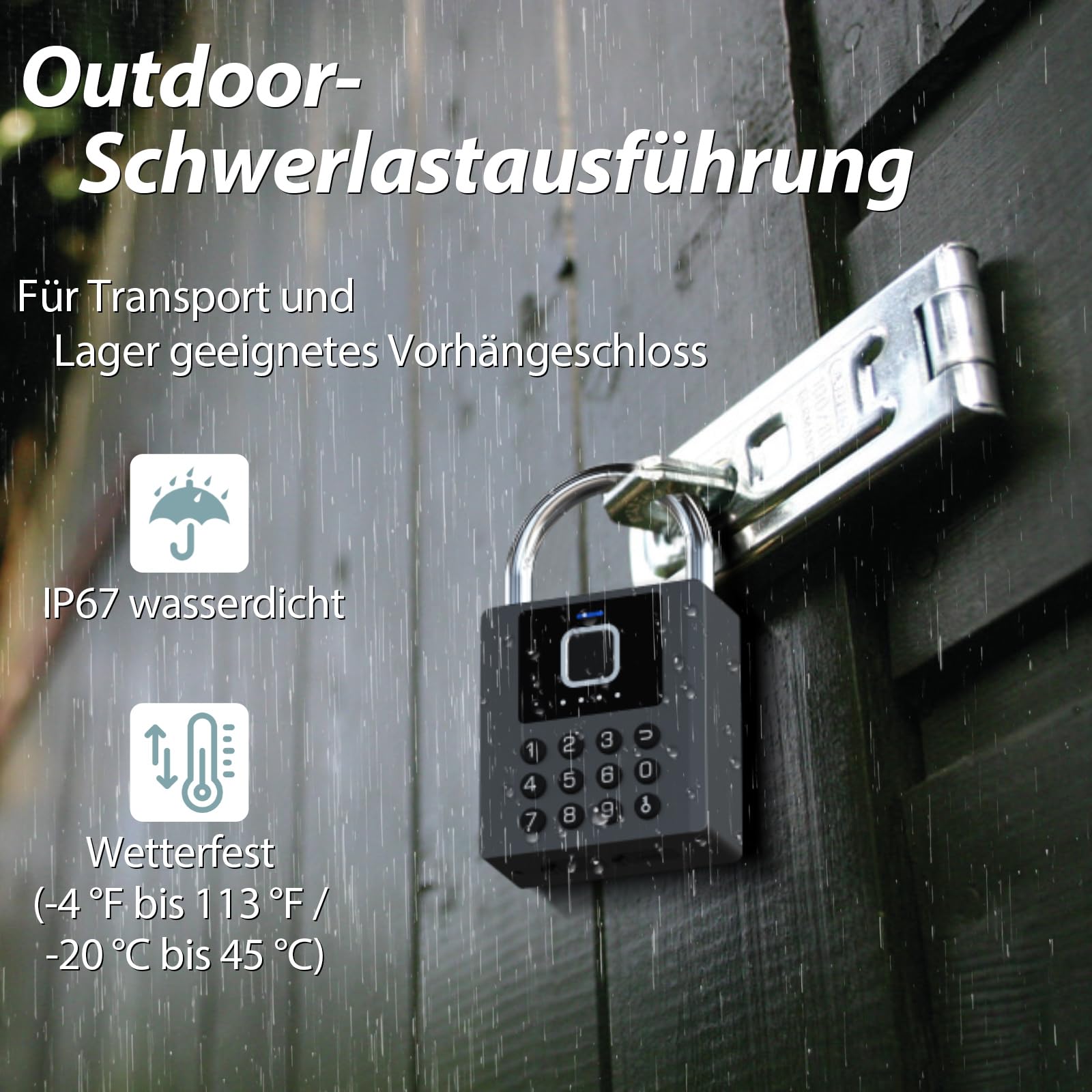 Fingerabdruck Vorhängeschloss Outdoor eLinkSmart Zahlenschloss mit 9-Tasten-Code, Bluetooth App-Steuerung, IP67 Wasserdicht, Schwerlast Bügelschloss mit 2 Schlüsseln für Tor, Gartenhaus, LKW