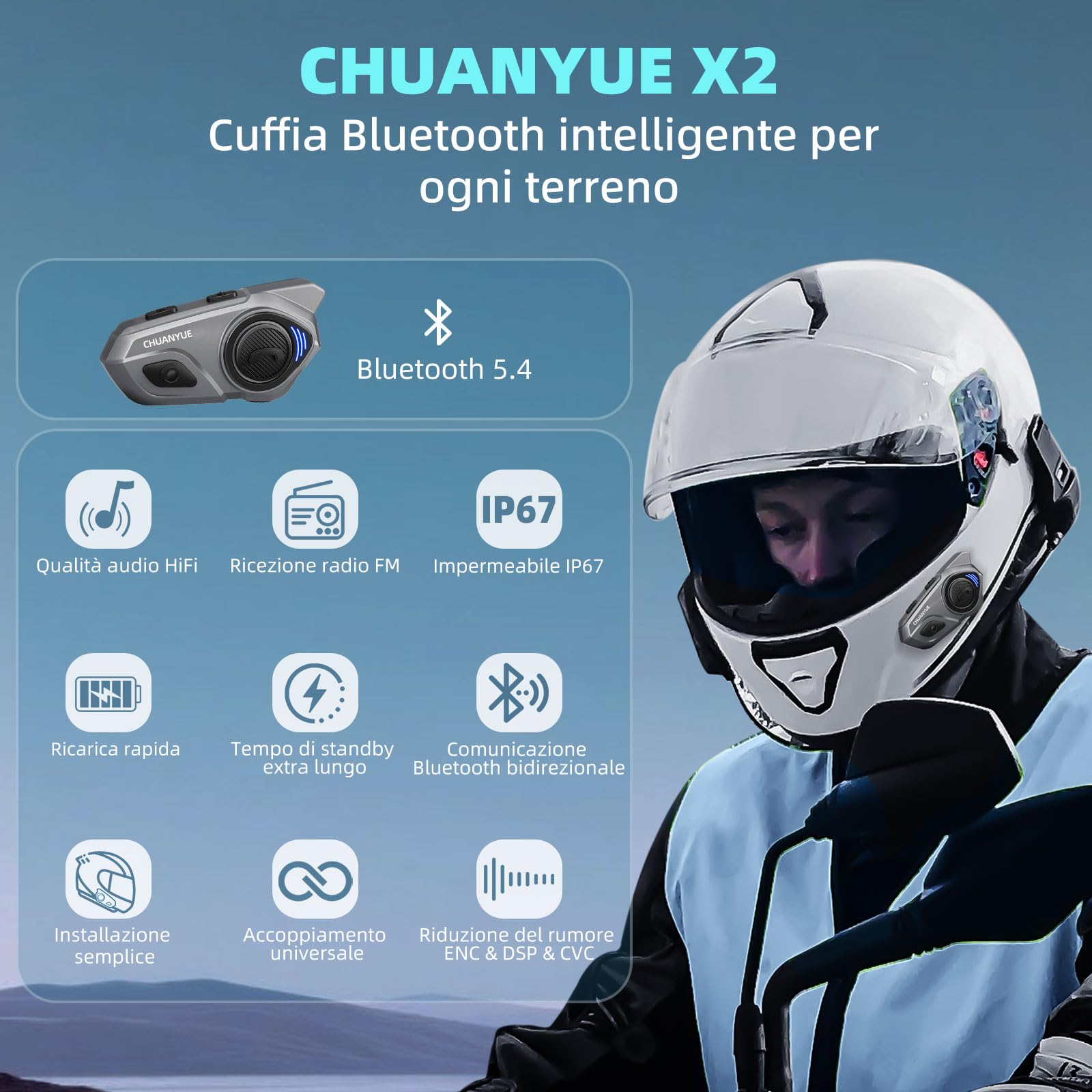 X2 Casco Moto Bluetooth Headset, sistema di comunicazione del casco per 2 fino a 4 persone con una portata di 1200 m, interfono per casco da moto con, Confezione Singola