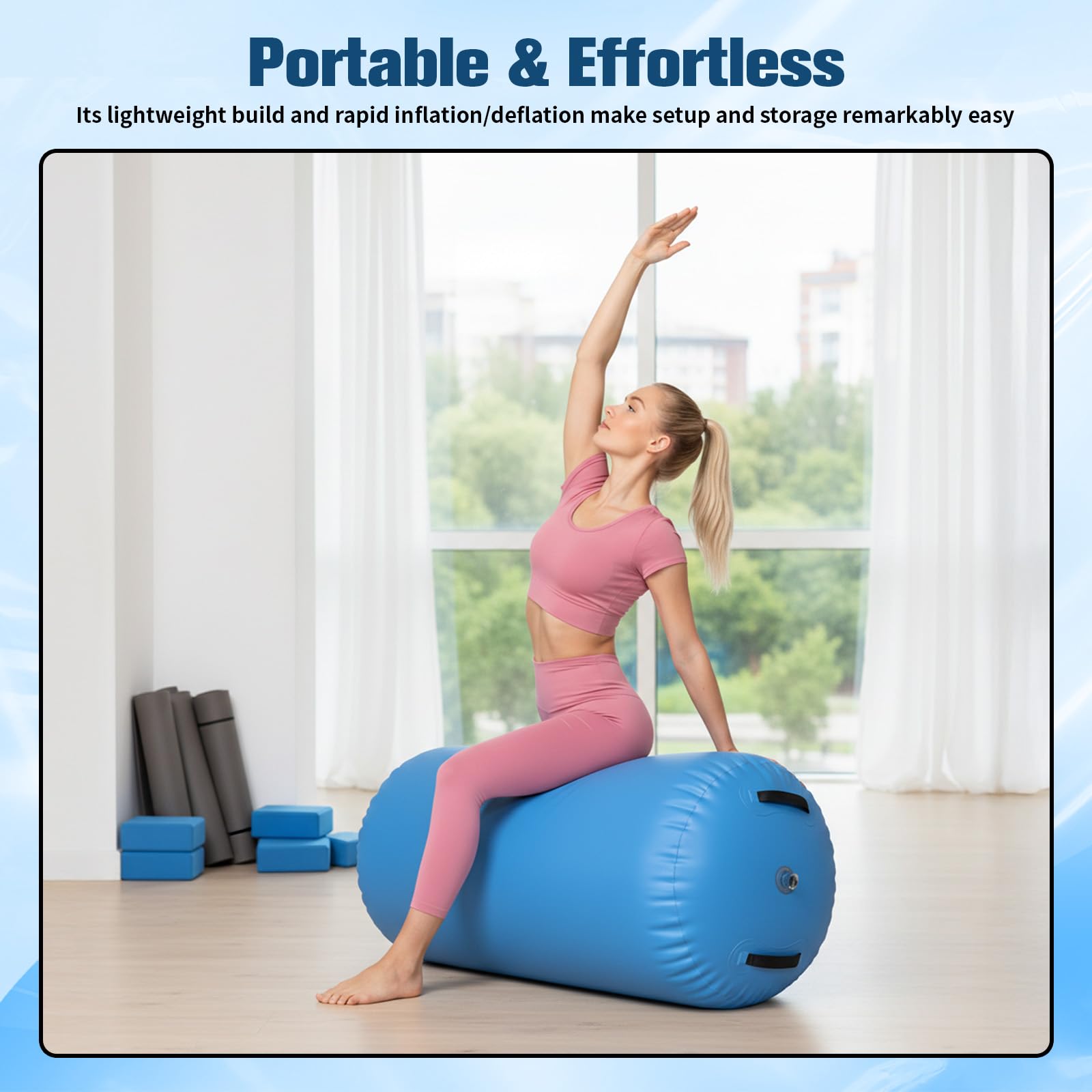 Rouleau de gymnastique gonflable de 0,8 x 1 m avec pompe, tapis de culbutage gonflable pour entraînement à domicile, culbute, yoga et pratique du backflip, tapis de culbute acrobatique étanche pour la