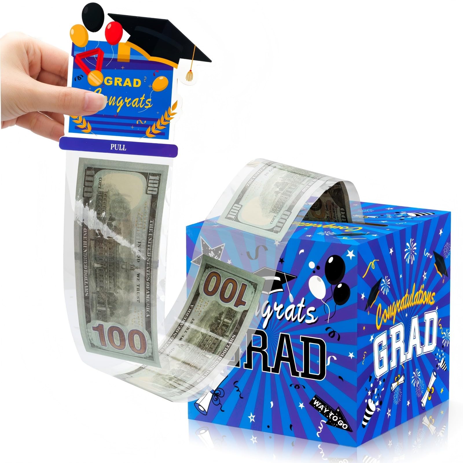 2025 Graduation Money Box for Cash Gift Pull, Gifts for Women & Men in High School or College, Fun Surprise Money Holder for Grads with Pull Out Card and 50 Plastic Bags (Blue)