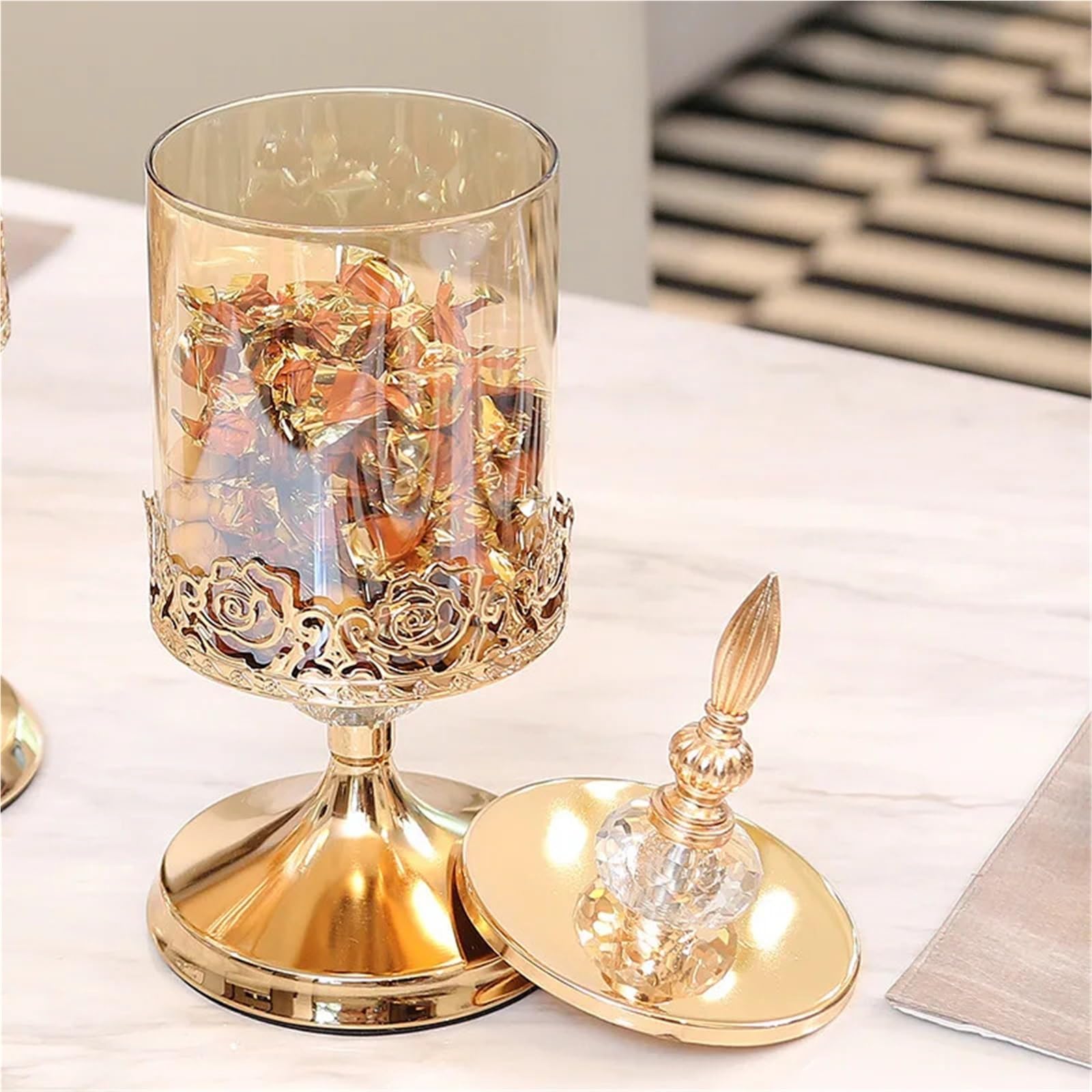 Tarro De Caramelo Tarro de cristal for dulces, tarro de almacenamiento dulce con tapa, tarro for dulces de rosas, almacenamiento chapado en oro, decoración del hogar Para Bodas Caramelos(10*29cm)