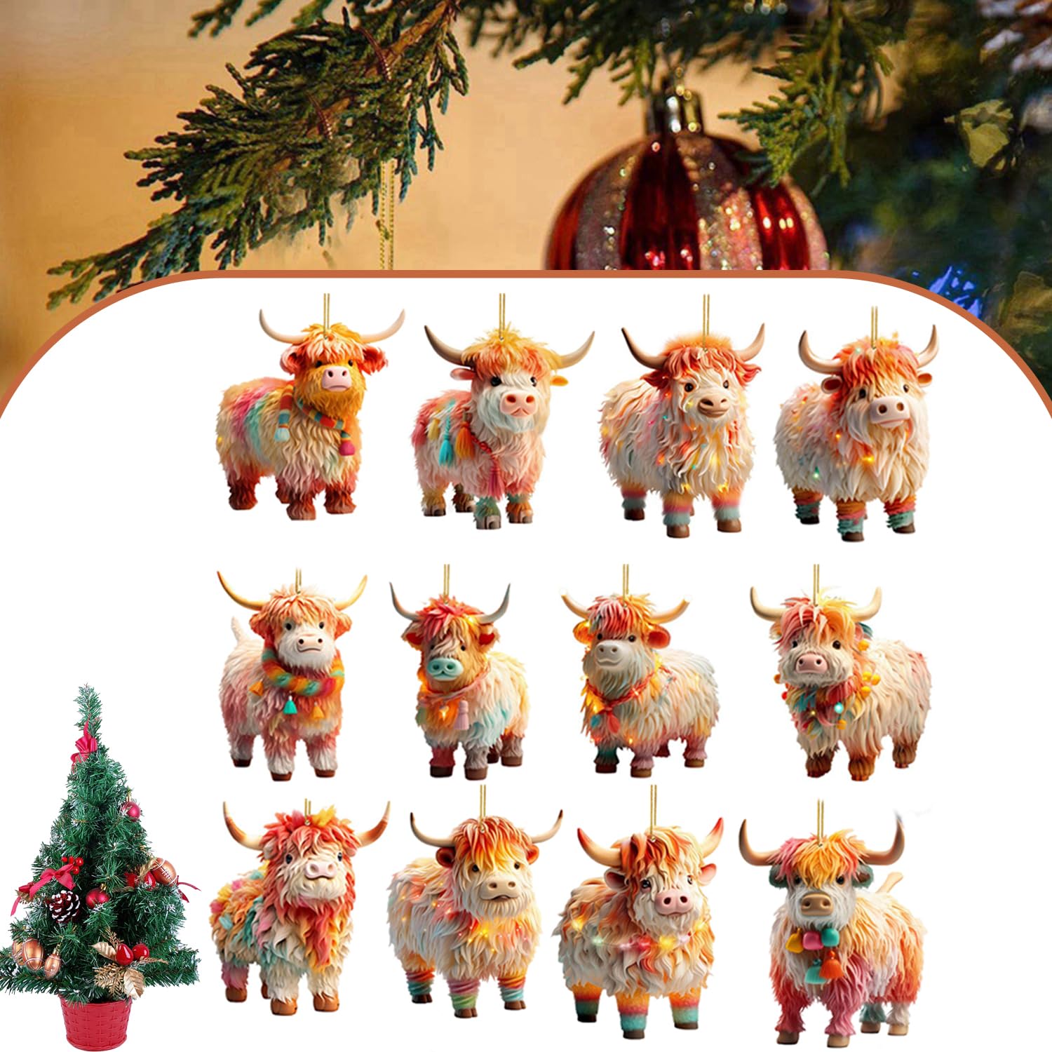Enseak 12Pcs Highland Cow Christmas Tree Hanging Ornament, Cow Print Christmas Tree Ornaments, Acrylic Window Hangings Ornament, Christmas Ornament 2D Festive Decoration For Trees And Spaces