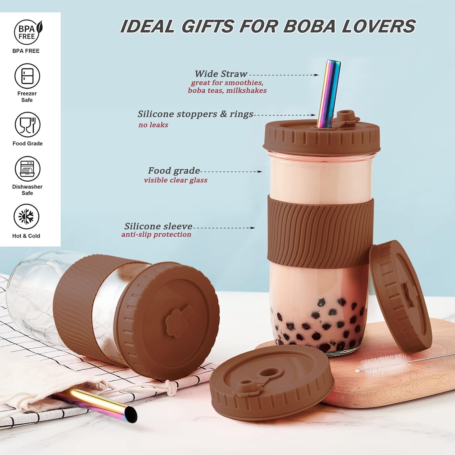 2 Pack Reusable Boba Cup,24Oz Wide Mouth Smoothie Cup,mason Jar Glass Cups with Lids and Straws,Bubble/Boba Tea Cups,Ice Coffee Tumbler 2 colored straws 1 sponge brush(Brown) - Image 4