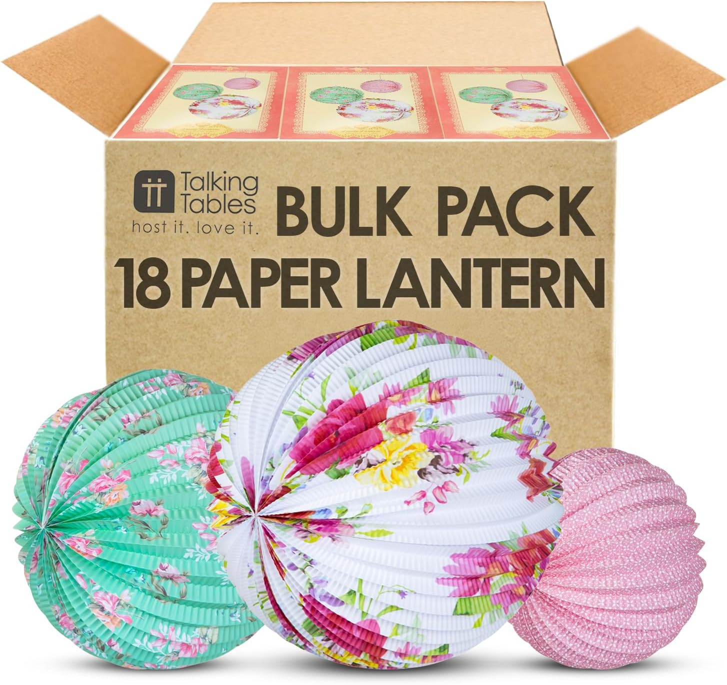 Talking Tables 18 x Hanging Tea Decorations Truly Scrumptious Floral Paper Lanterns for Birthday Party, Baby Shower, Wedding or Anniversary, 3 Sizes Bulk Pack Eco Packaging