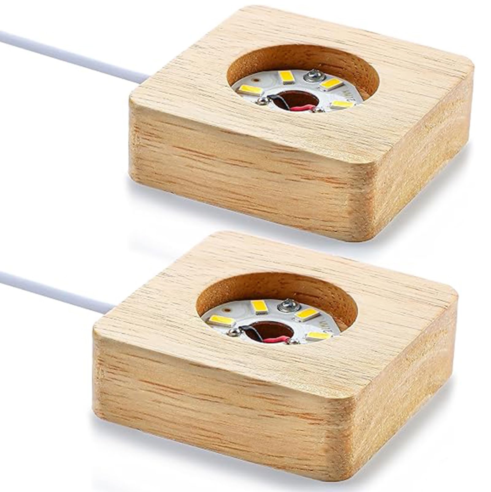 2 PCS Wooden LED Display Bases, Square Crystal Glass Light Base Stand with 90cm USB and Switch for 3D Crystal Ball Jewelry Glass Resin Art, Warm White LED Lamp