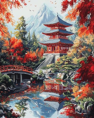 XDEGHUANGSS Chinese Style Cross Stitch Kits,Classical Garden Stamped Stitch Kit with Pattern,Embroidery Kit for Craft Lover,40x50 cm