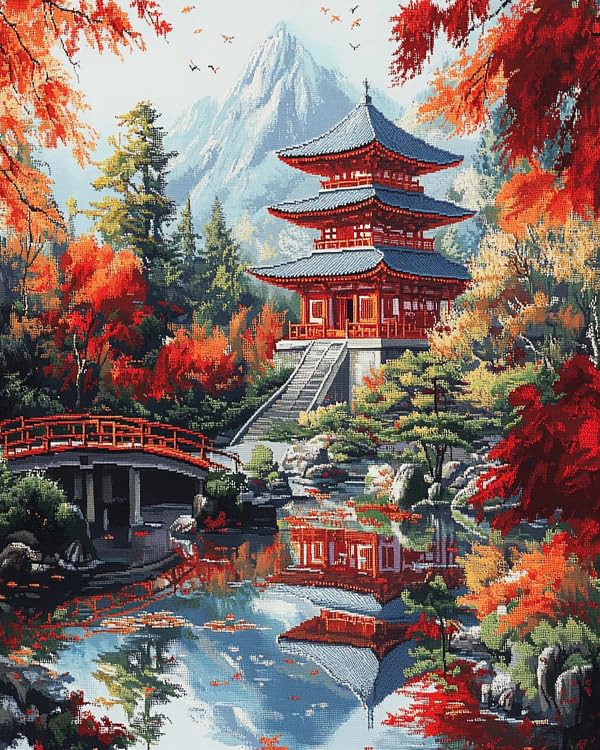 XDEGHUANGSS Chinese Style Cross Stitch Kits,Classical Garden Stamped Stitch Kit with Pattern,Embroidery Kit for Craft Lover,40x50 cm