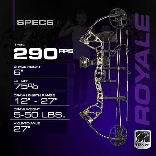 Miniatura 3 de Bear Archery Royale - Paquete de arco compuesto listo para cazar para adultos y jóvenes, longitud de estiramiento de 12 a 27 pulgadas, peso de 5 a