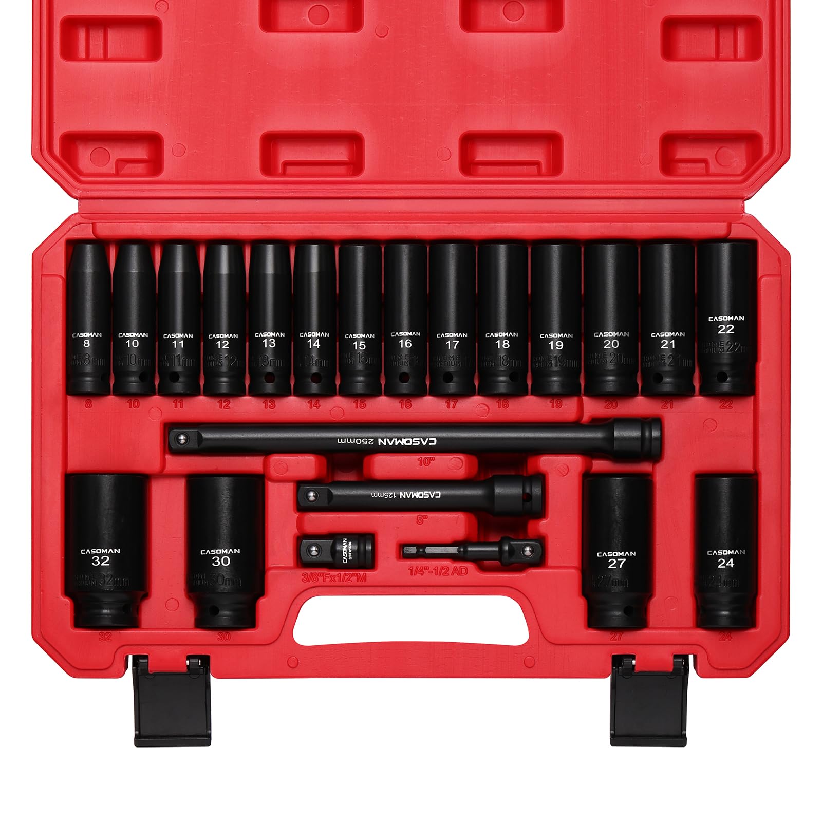 CASOMAN 22PCS 1/2-Inch Drive Metric Impact Socket Set, 8mm - 32mm, with Extension bar, Adapter, 6-Point, CR-V