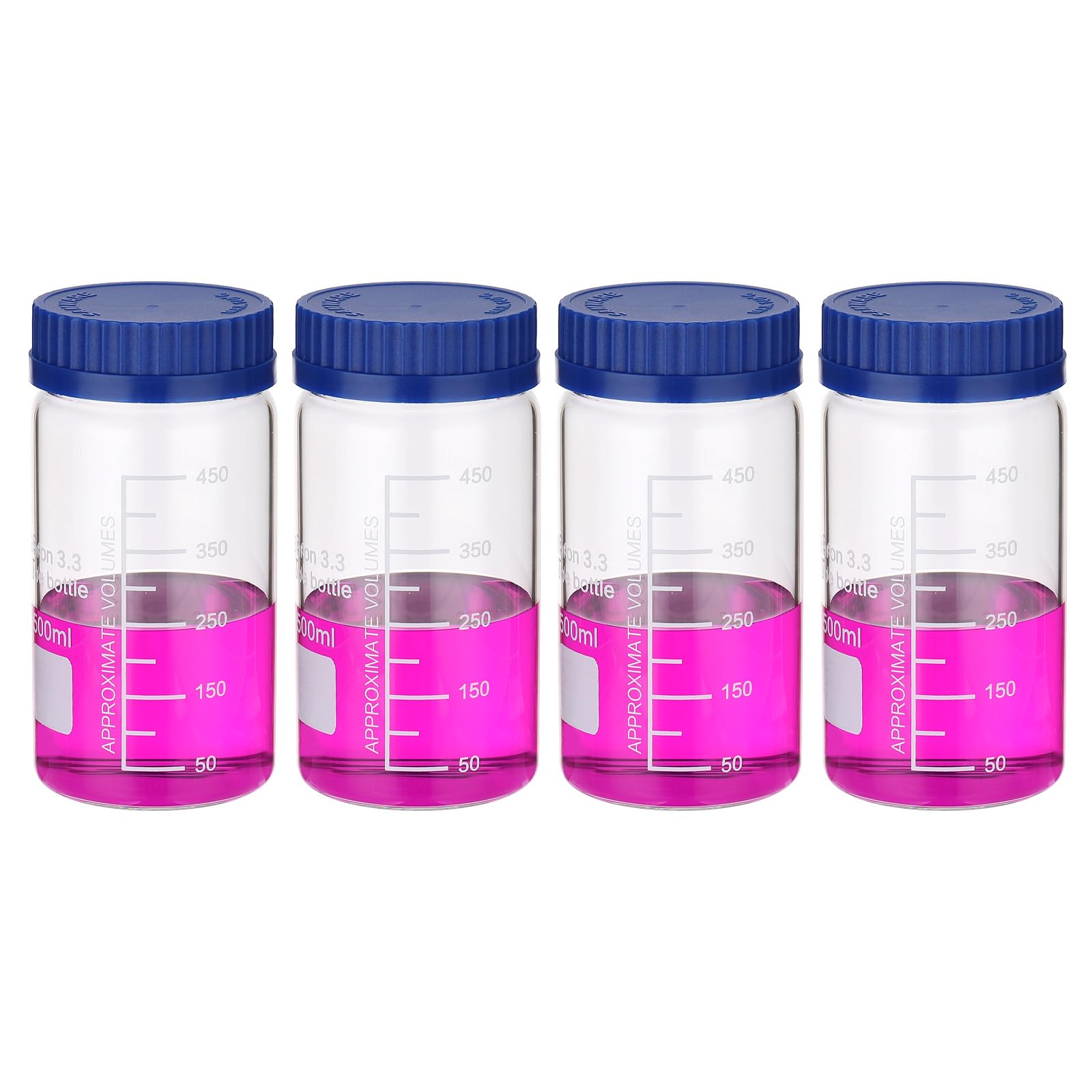 PATIKIL Confezione da 4 bottiglie rotonde per reagenti, in vetro borosilicato, 500 ml, a bocca larga, graduate, con tappo a vite GL32 blu, per liquidi reagenti d'acqua di laboratorio, trasparenti