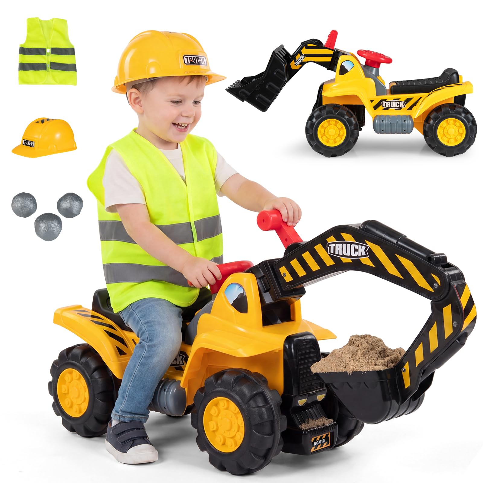COSTWAY 3 in 1 Escavatore Cavalcabile per Bambini 2+ Anni, Carico 25 kg | Ruspa Giocattolo per Bambini con Suoni Realistici, Seduta con Vano Portaoggetti, Pietre, Casco e Gilet, per Casa Asilo