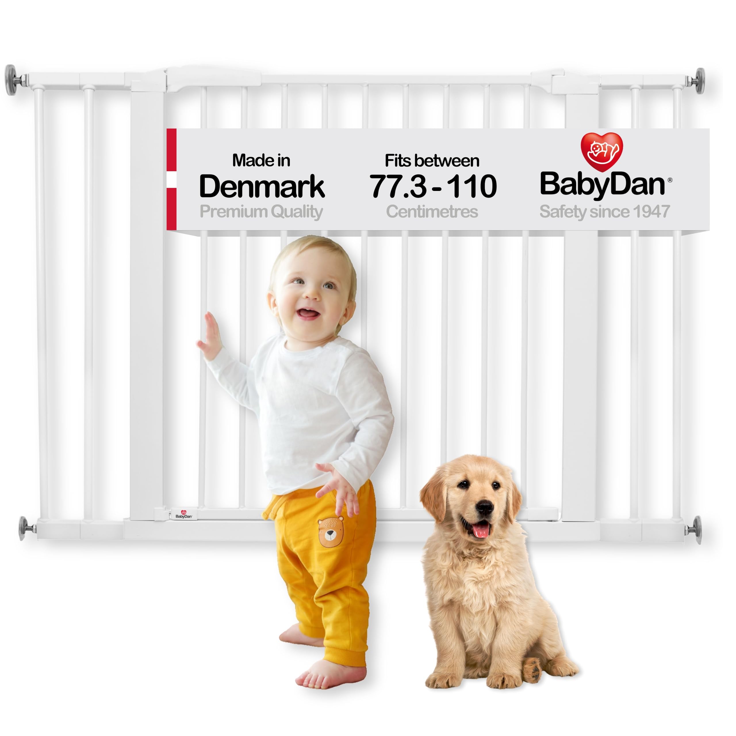 BabyDan Swing Shut, Pressure Fit Stair Gate, 77.3-110 cm, Baby Gate/Safety Gate, White, Made in Denmark - (Pet Gate/Dog gate)