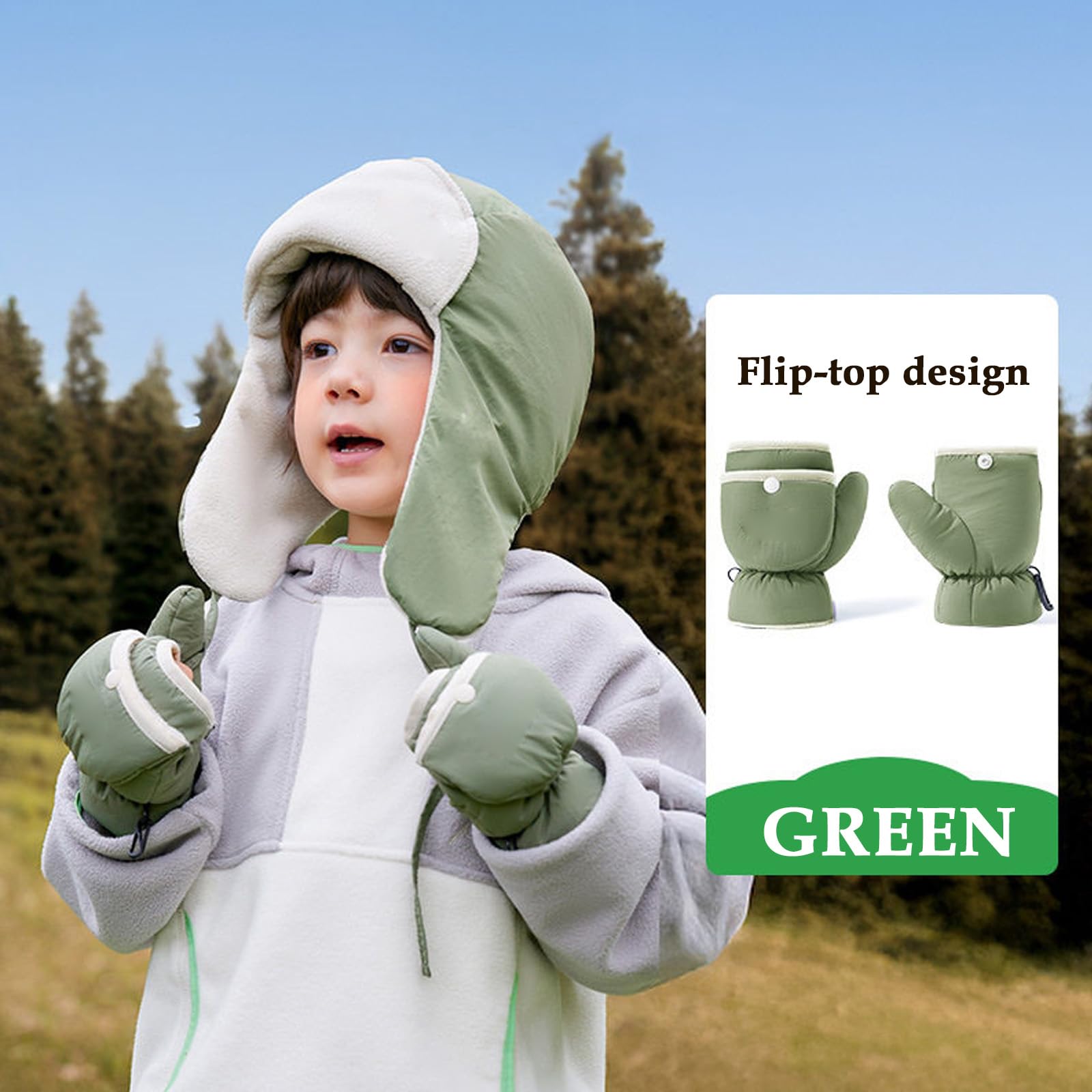 Guantes de Invierno, Manoplas de Esquí para Niños, Manoplas térmicas Invierno, Diseño Flip, Regalo para niños y niñas,2.Green,L (6~12 Years)